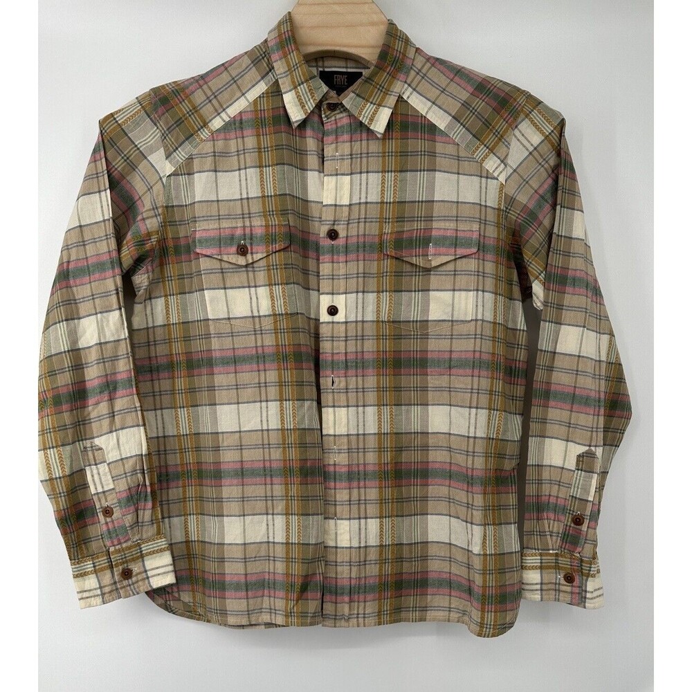 Frye Sz XL Mens Plaid Soft Flannel cotton  Shirt Button Front Collar ‎ Blue Gold